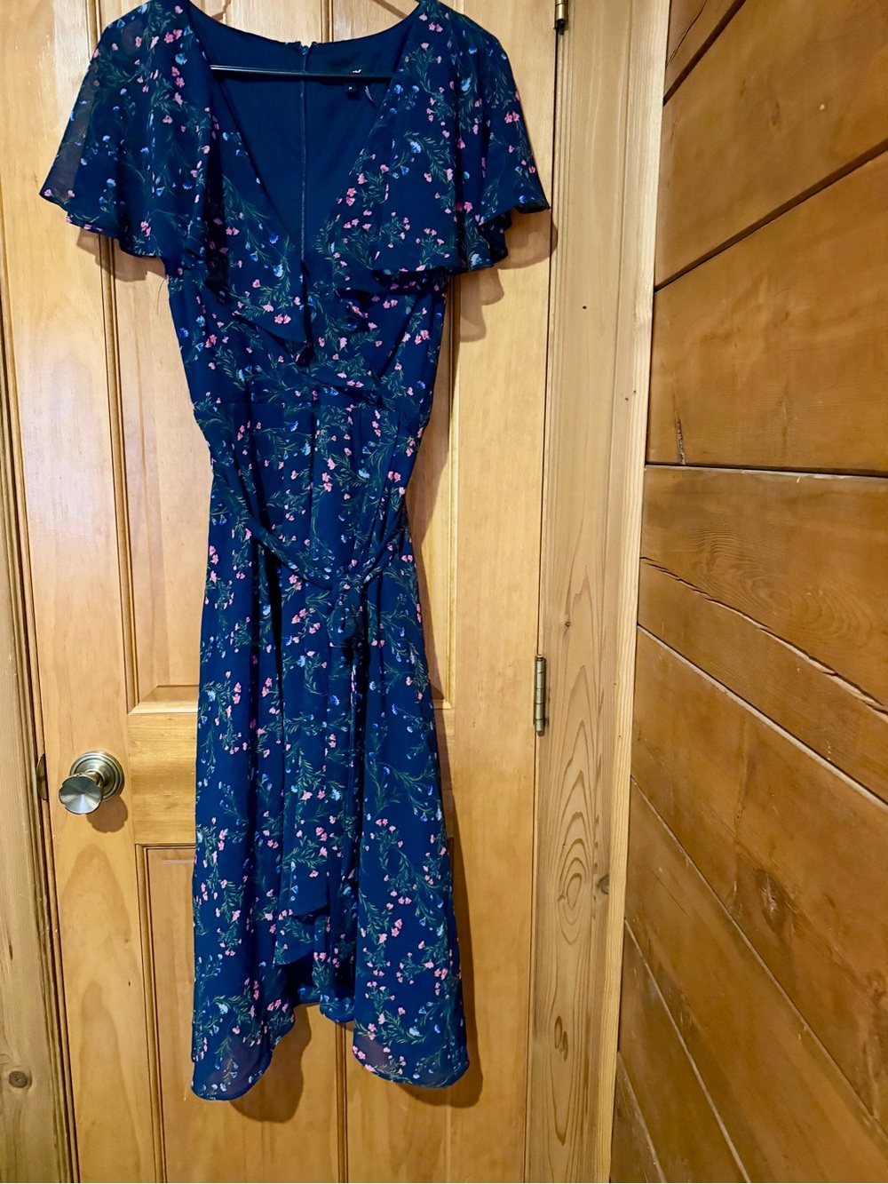 DKNY Navy Floral High-Low Wrap Dress with Flutter Sleeves